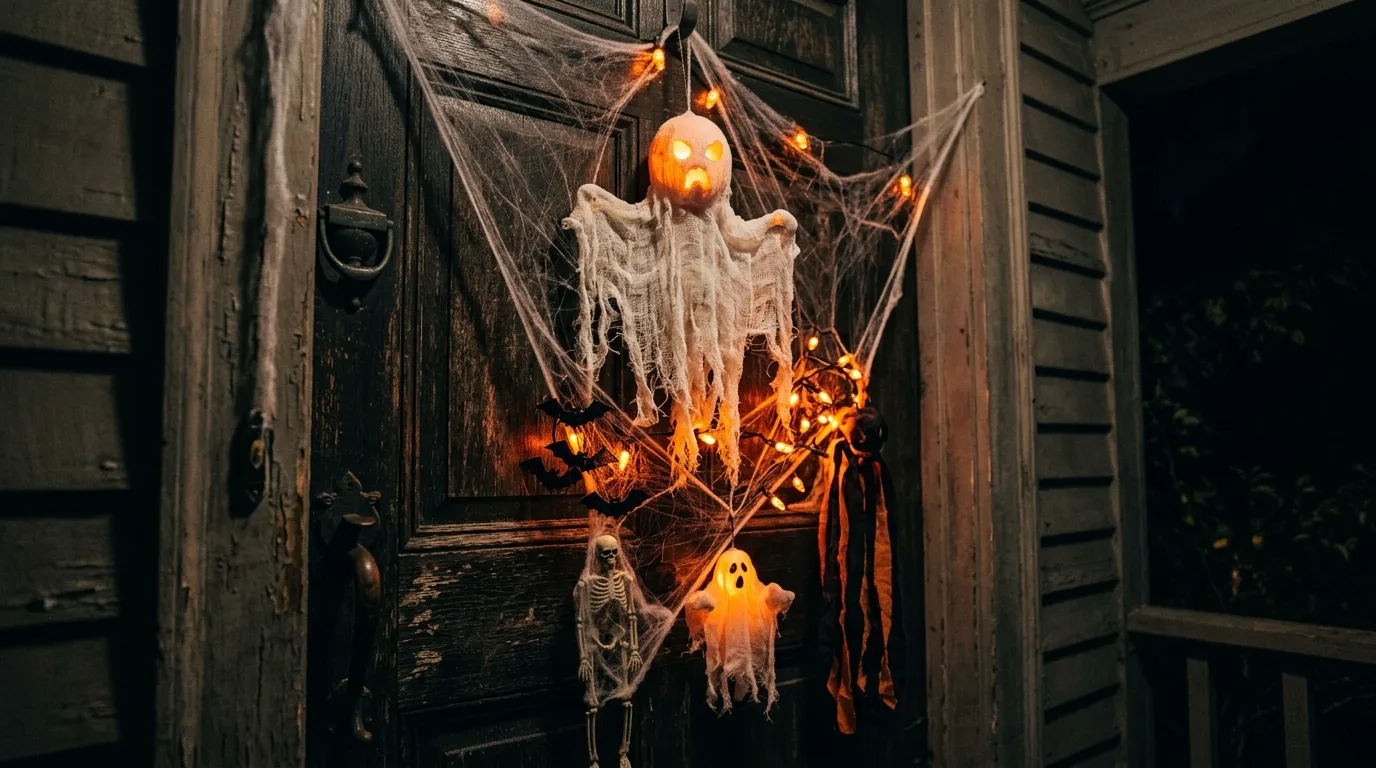 Add fabric or ribbon for movement inspiration for a Halloween front door entrance.